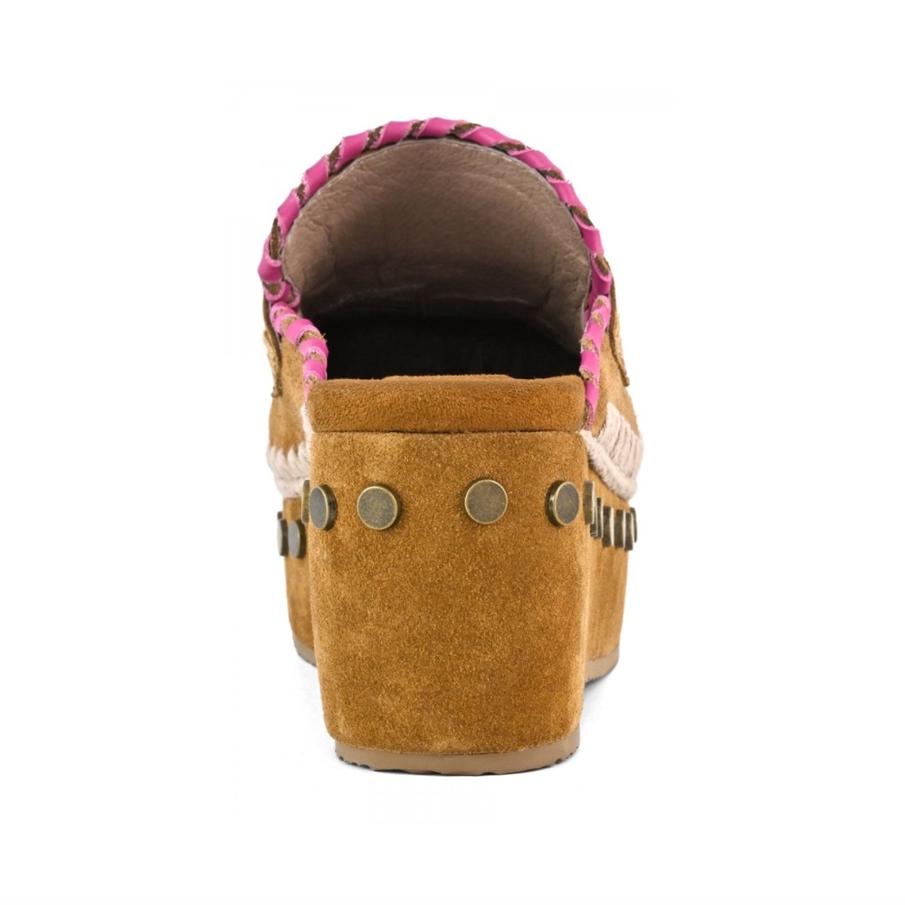 Mou | Leather Overstitching Suede Clogs - Cognac & Pink - 60mm Wedge - Picture 6 of 15